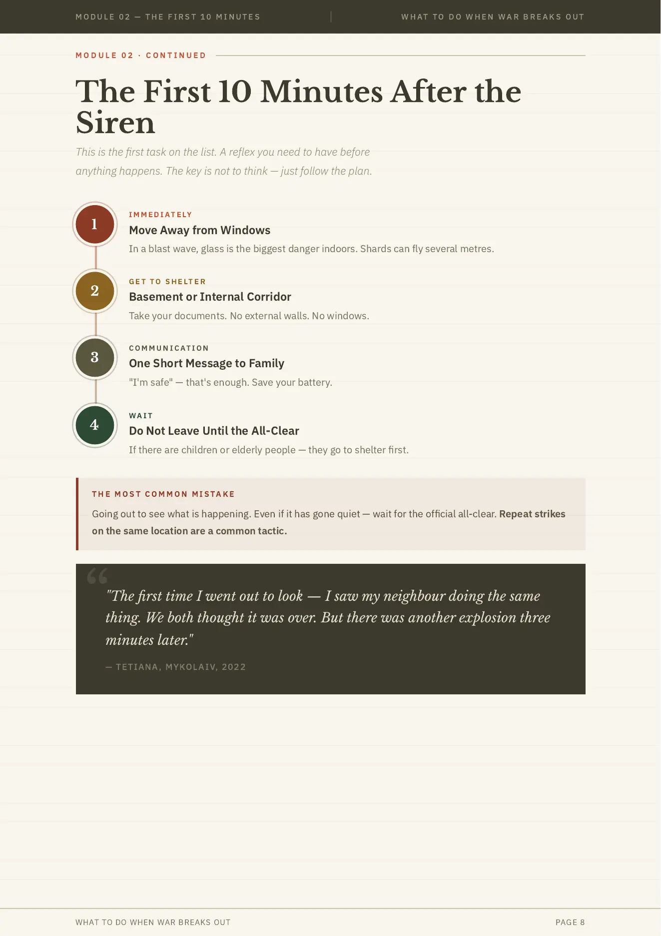 Preview page showing the first 10 minutes after the siren checklist