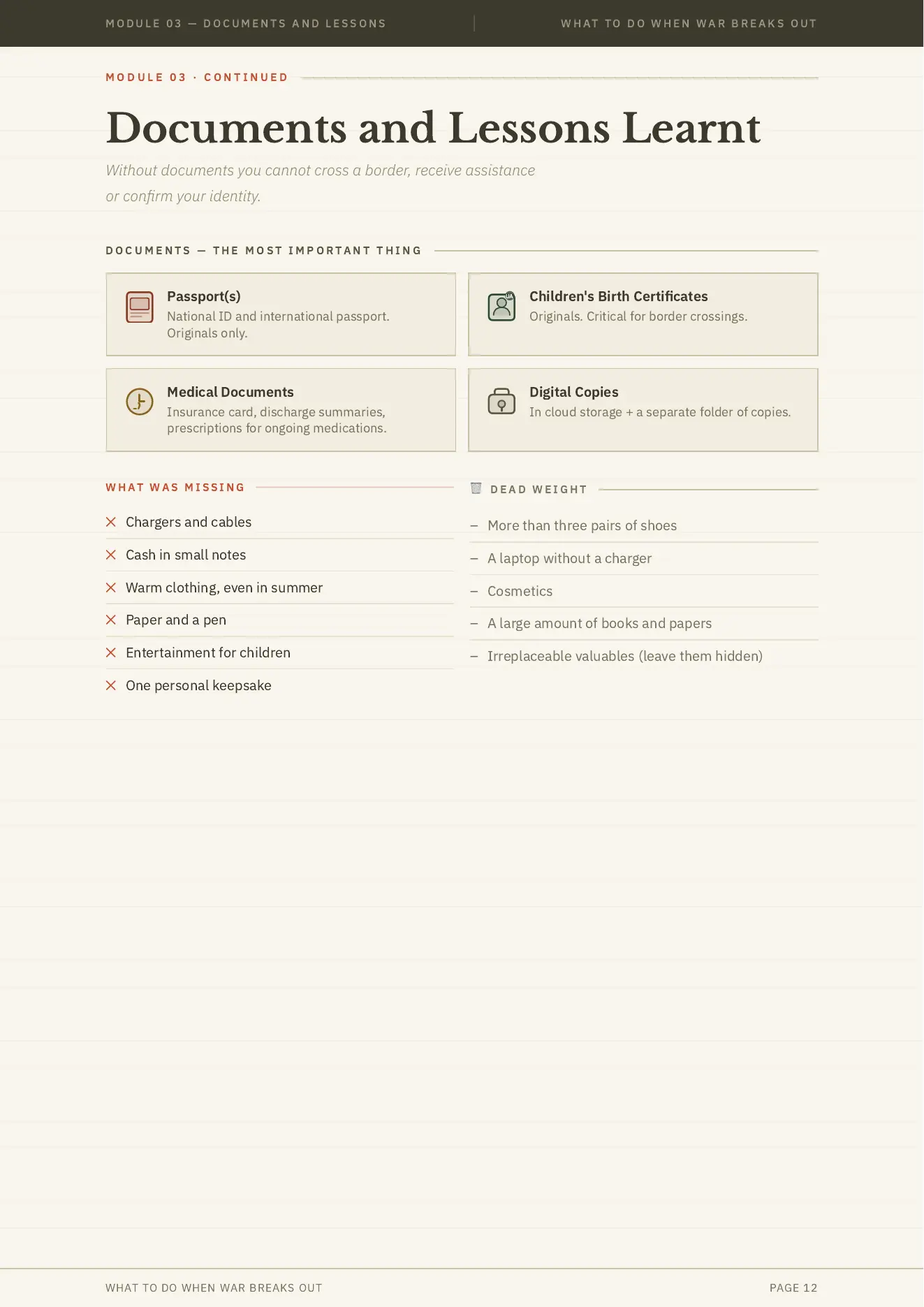 Preview page showing documents and lessons learned for evacuation